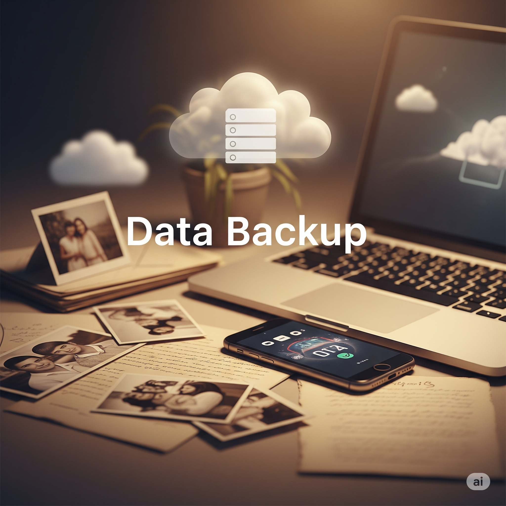 Laptop and smartphone surrounded by family photos and documents, with subtle clouds, representing secure data backup and precious memory preservation.