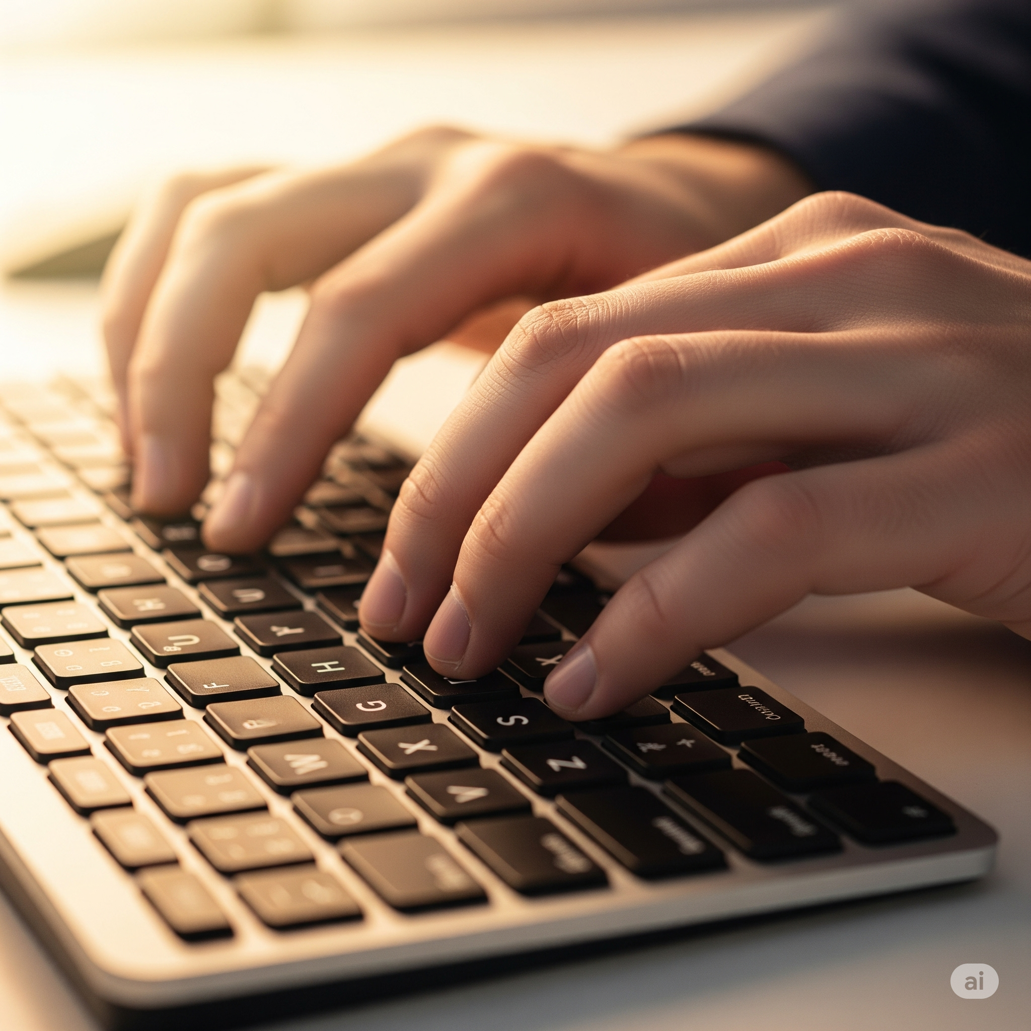 Close-up of hands confidently typing a strong password on a keyboard, symbolizing secure online accounts and digital protection.