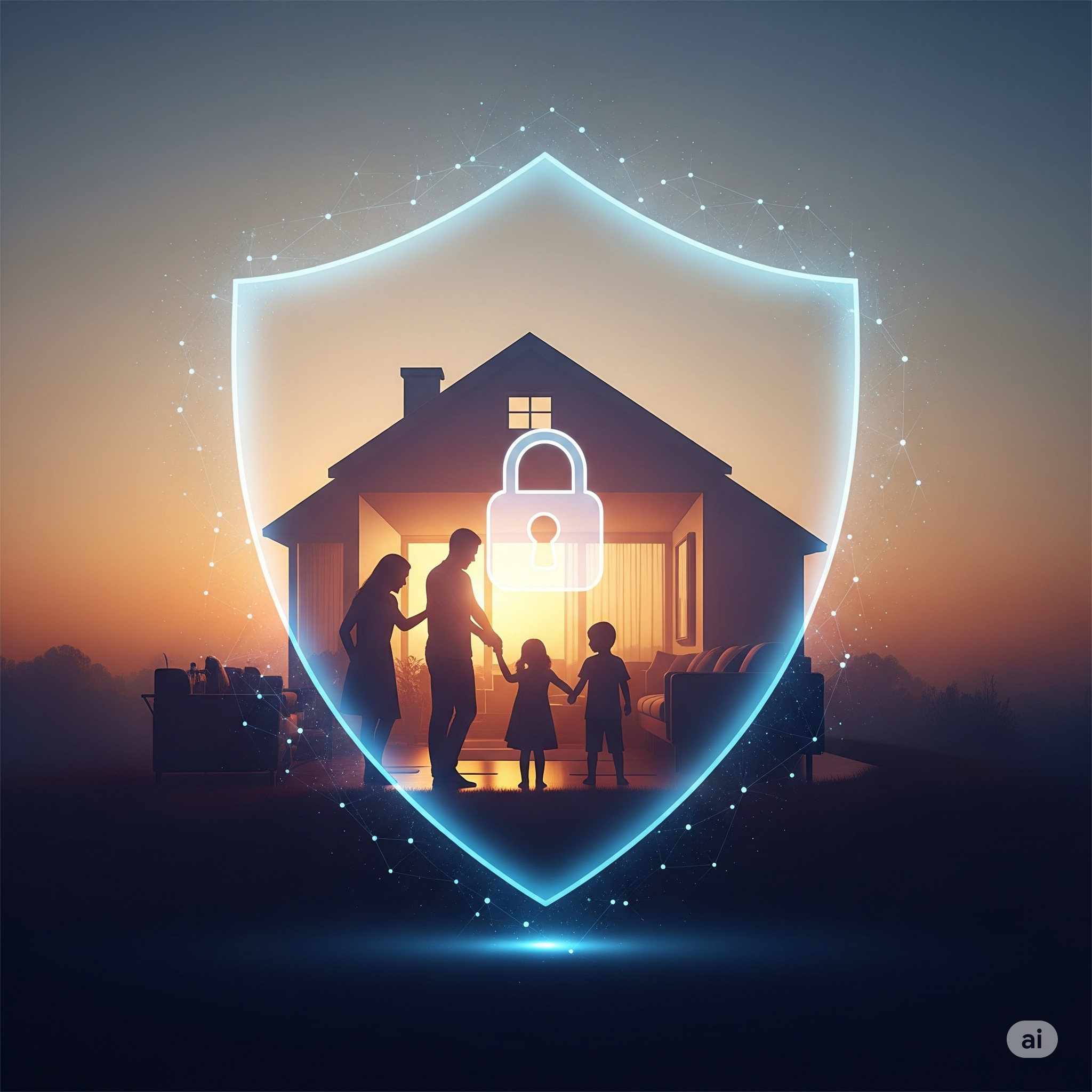 techsafe-family-digital-protection Stylized image showing a protective digital shield around a family home, representing digital safety and peace of mind.